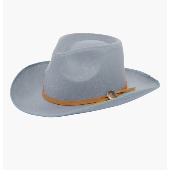FRYE Felted Western Fedora Hat, light blue with Brown leather hat strap/Band - Picture 1 of 9